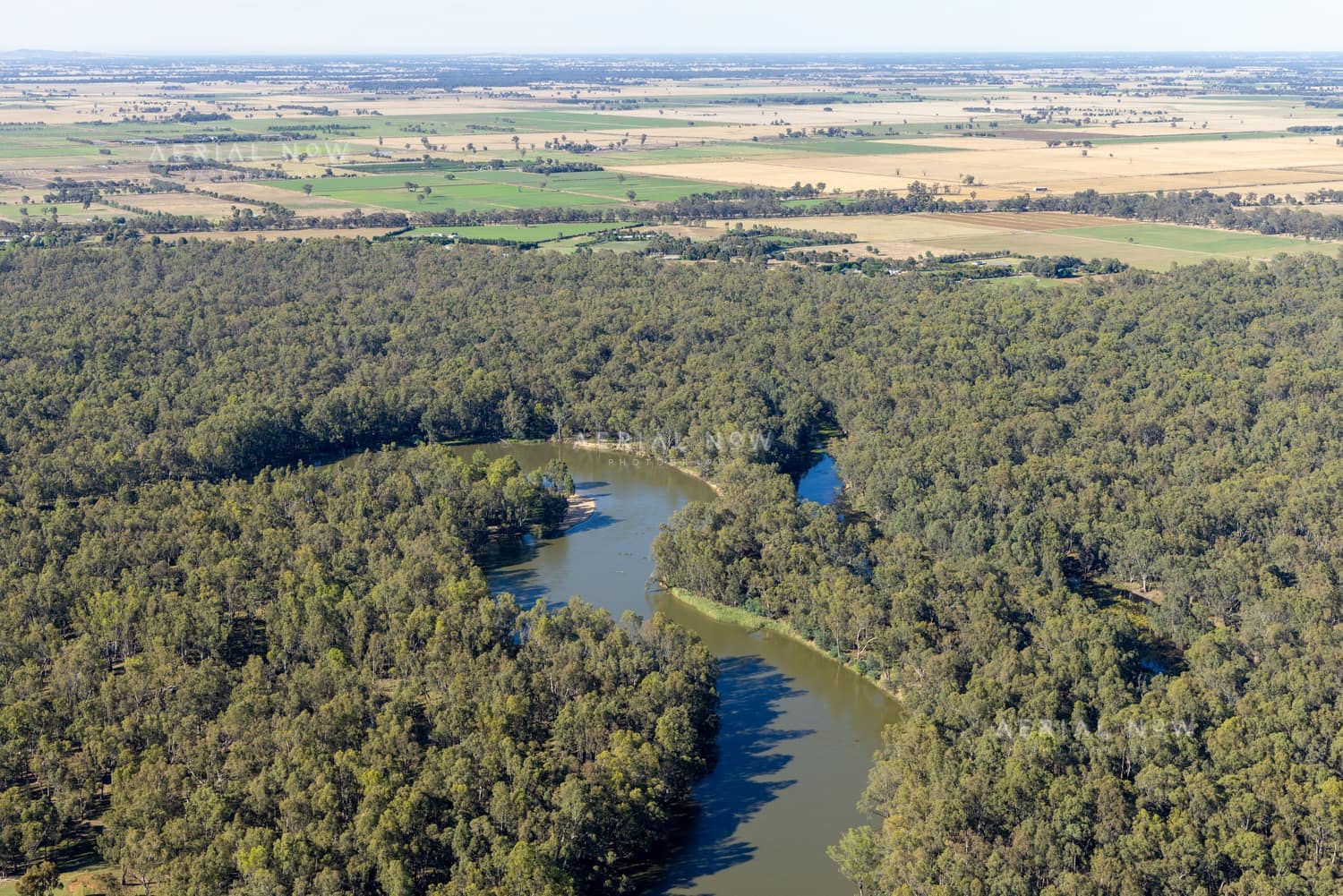 Aerial view of a meandering river bordered by dense woodland and surrounding farmland near Boomanoomana in New South Wales.