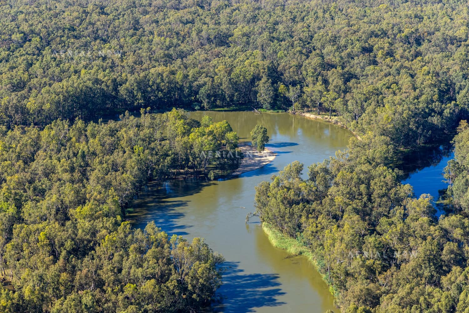 Aerial view of a winding river bend bordered by dense woodland near Boomanoomana in New South Wales.
