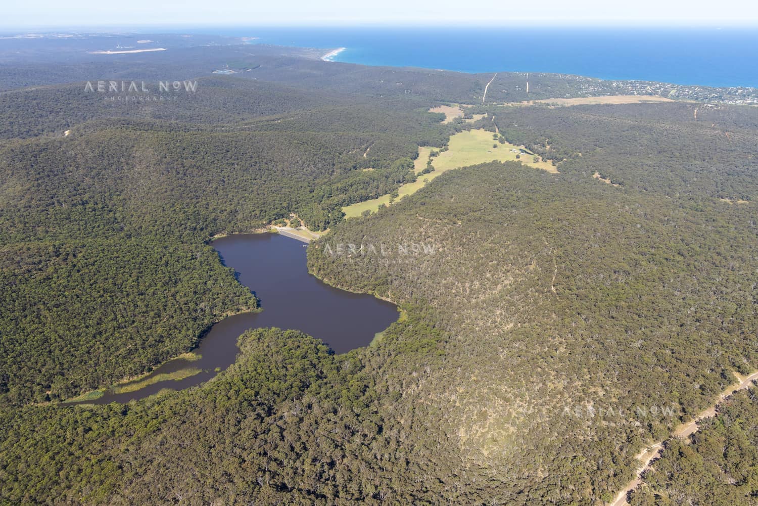 Aerial view of a dark woodland lake surrounded by dense bushland near Moggs Creek, with Surf Coast coastline and ocean visible in the distance.