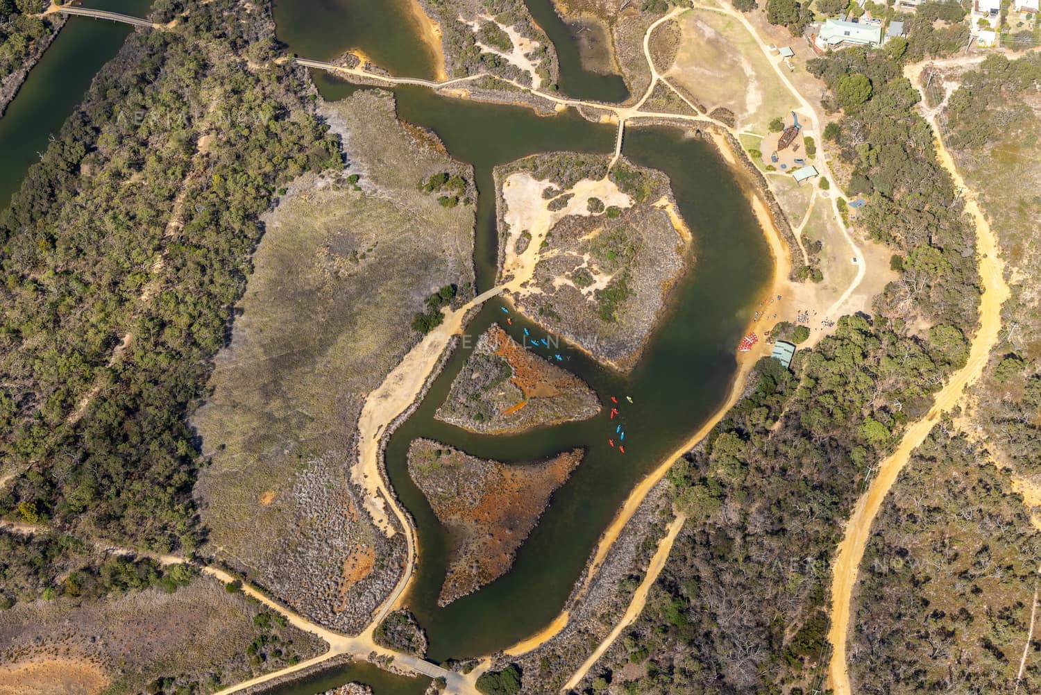 Aerial view of Coogoorah Park wetlands and the Anglesea River channels in Anglesea, Victoria, with walking tracks, sandy banks and surrounding bushland.