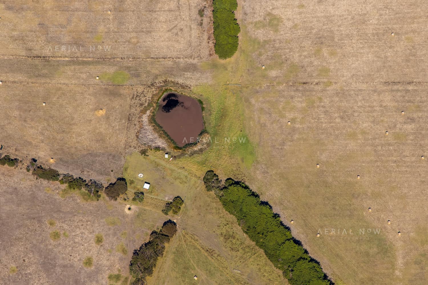 Aerial view of a farm dam surrounded by dry pasture, scattered hay bales and a treed drainage line near Princetown, Victoria.
