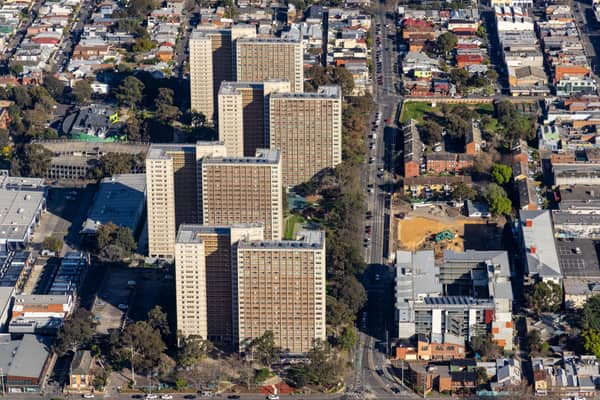 Aerial view of the Elizabeth Street public housing towers and 106 Elizabeth Street redevelopment site in Richmond, Melbourne.