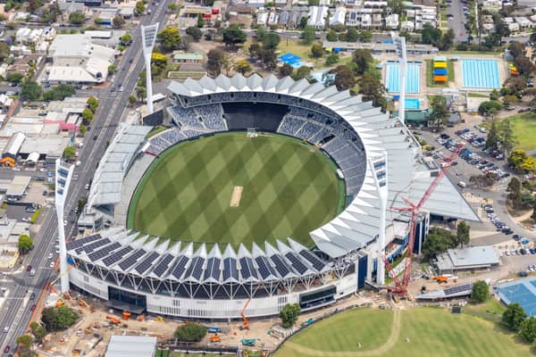 Aerial view of GMHBA Stadium at Kardinia Park in South Geelong, showing the oval, grandstands, surrounding streets, car parks and construction works.
