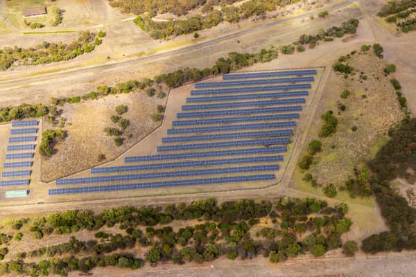 Aerial view of Barwon Water’s Black Rock Solar Farm beside the Black Rock Water Reclamation Plant in Connewarre, Victoria.