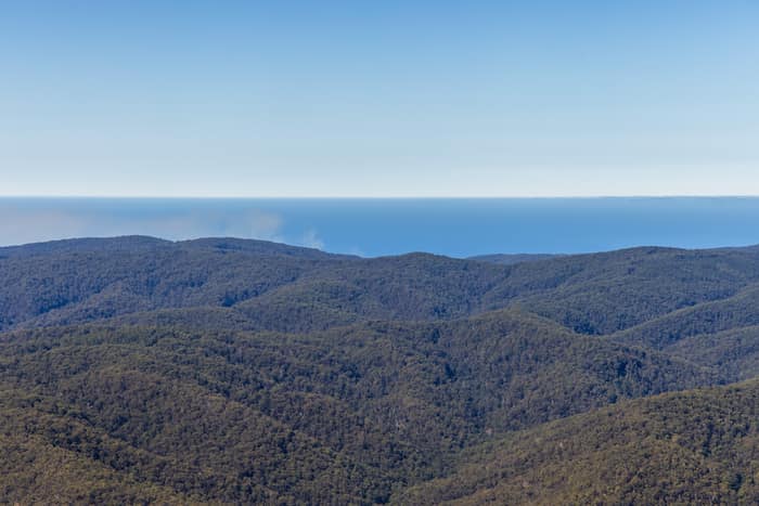 Aerial view over forested hills of Great Otway National Park near Lorne, with Bass Strait visible beyond the rolling ranges.