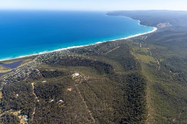 Aerial view of Fairhaven Beach in Fairhaven VIC, showing the surf coastline, residential streets, coastal bushland and blue ocean along the Great Ocean Road region.